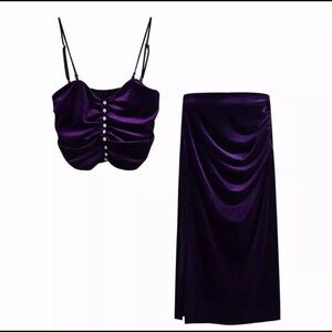 Purple velvet top and skirt set co-ord